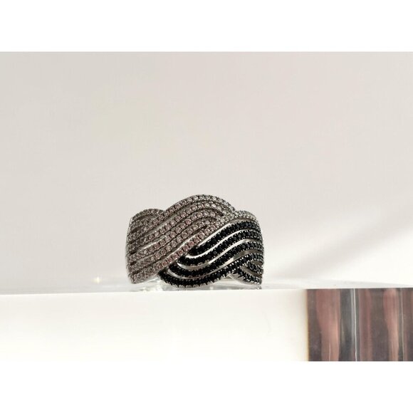Black & Clear Round Cut Spinel Multi Gemstone Vintage Wavy Braided Ring - sz 9.5 - Picture 5 of 10